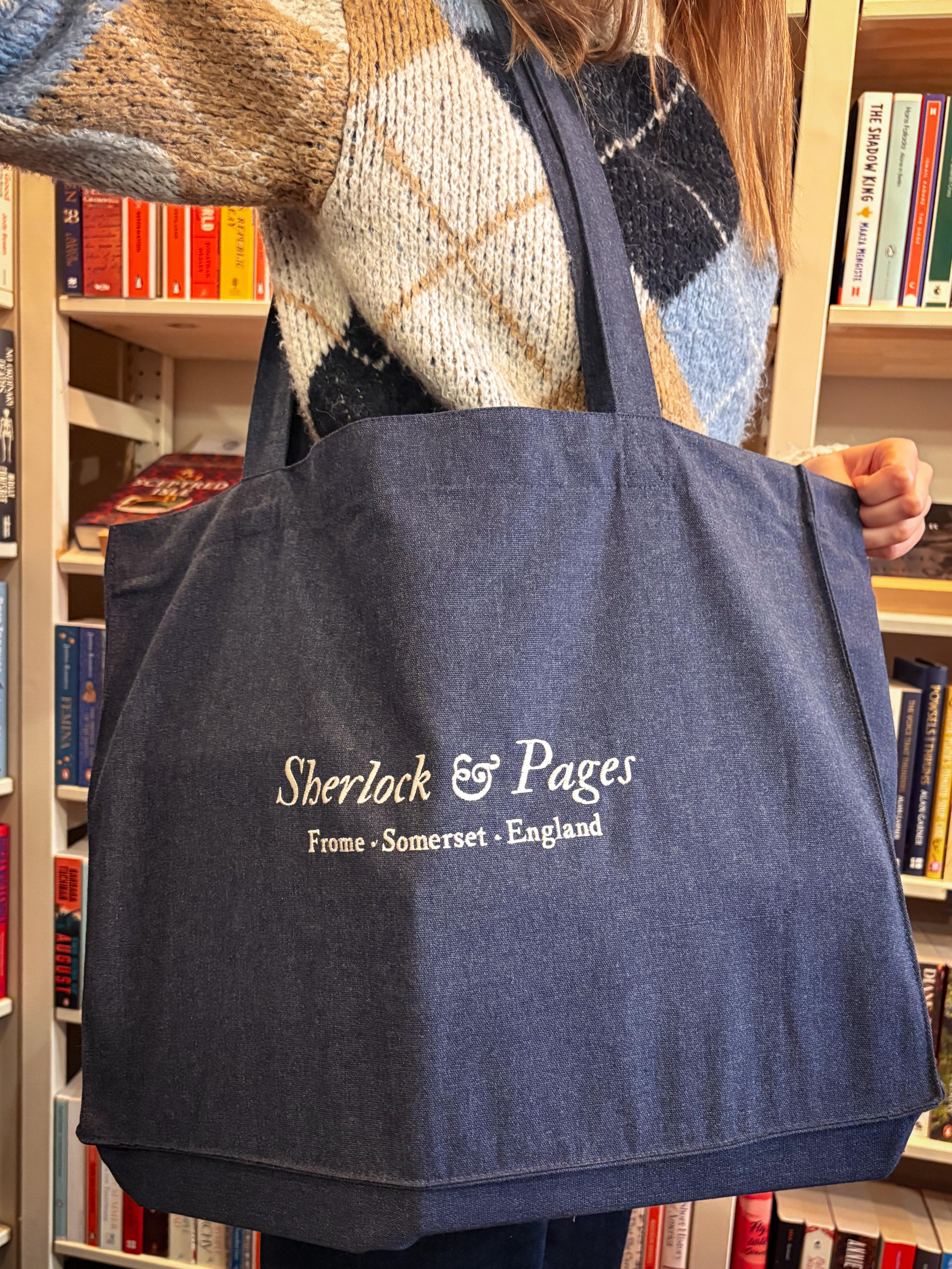 Midnight Blue Embroidered Tote - Sherlock & Pages